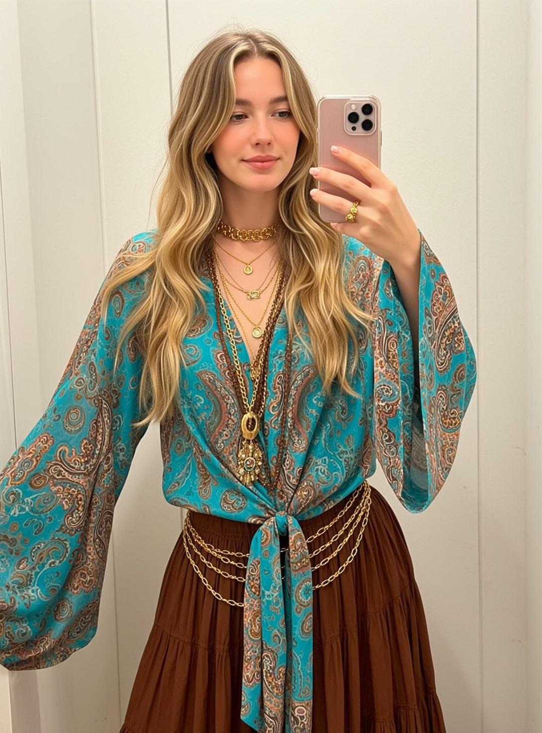 Blonde Woman Teal Paisley Blouse Brown Maxi Skirt Gold Jewelry
