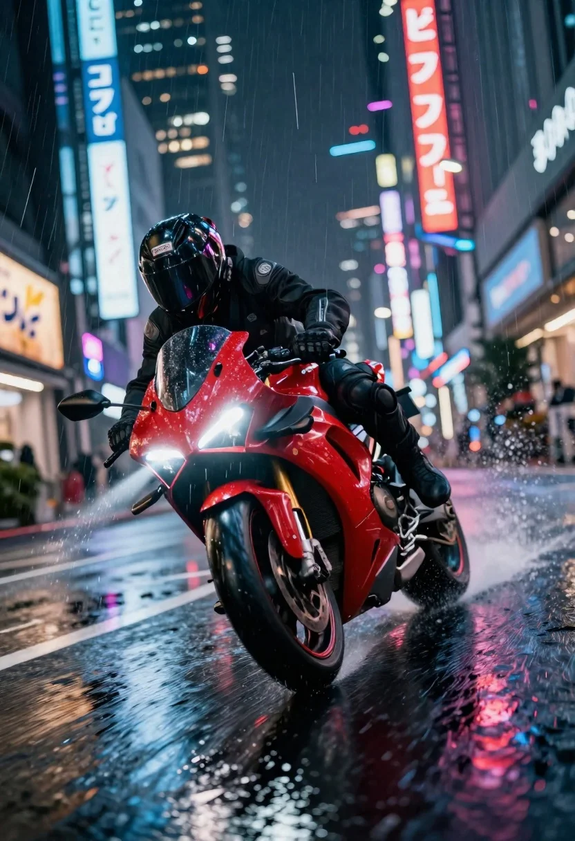 Digital Art High-octane Urban Night Scene Featuring Motorcyclist Carving Through reference photo