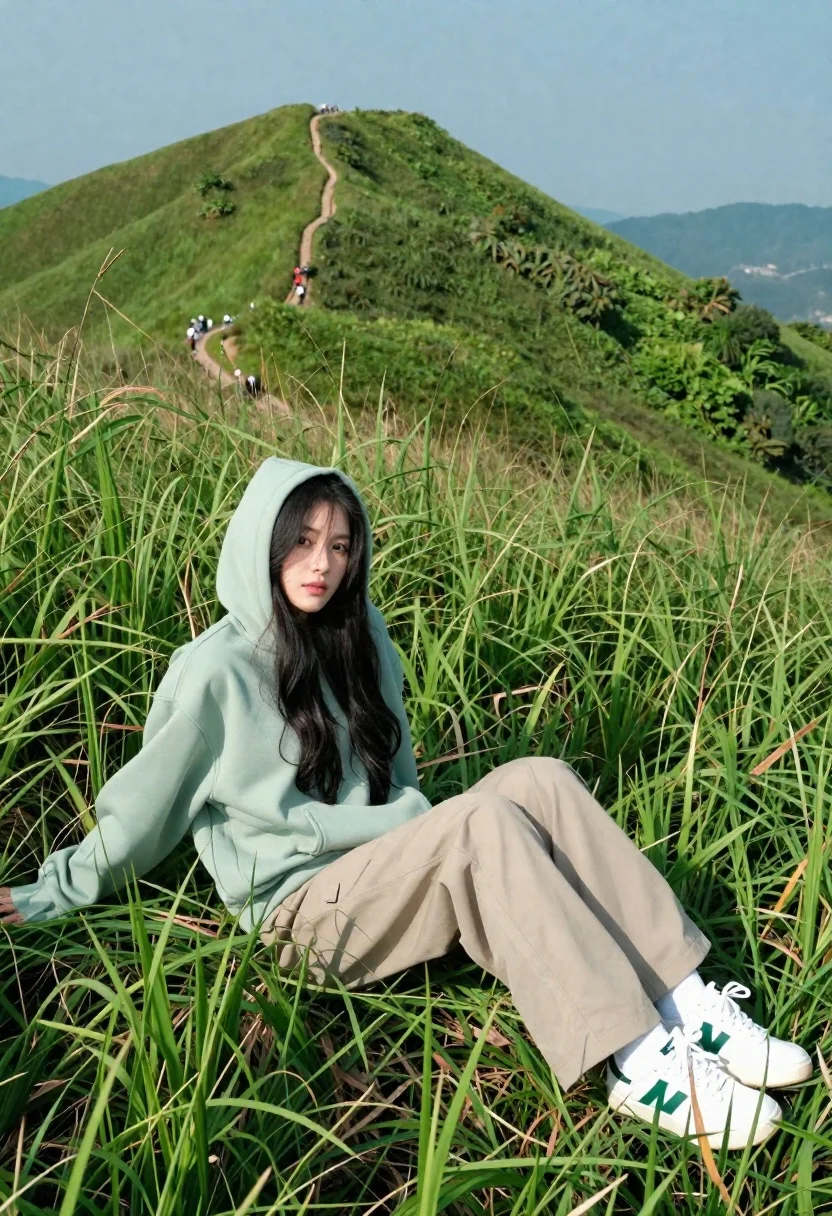 Young Woman With Long Dark Hair Sits Relaxed Tall Green