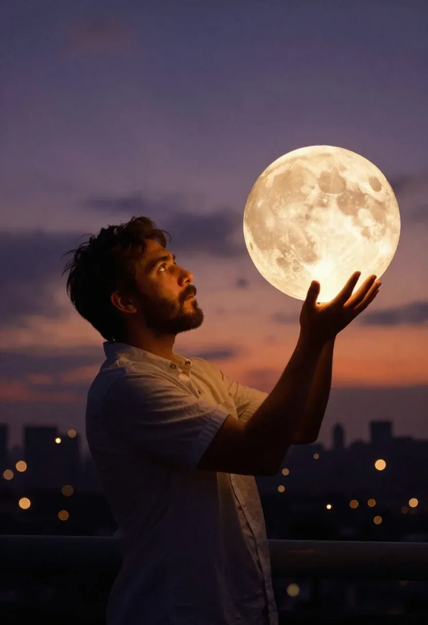 Cinematic Fantasy Scene Man Holding Enormous Glowing Moon His Cupped