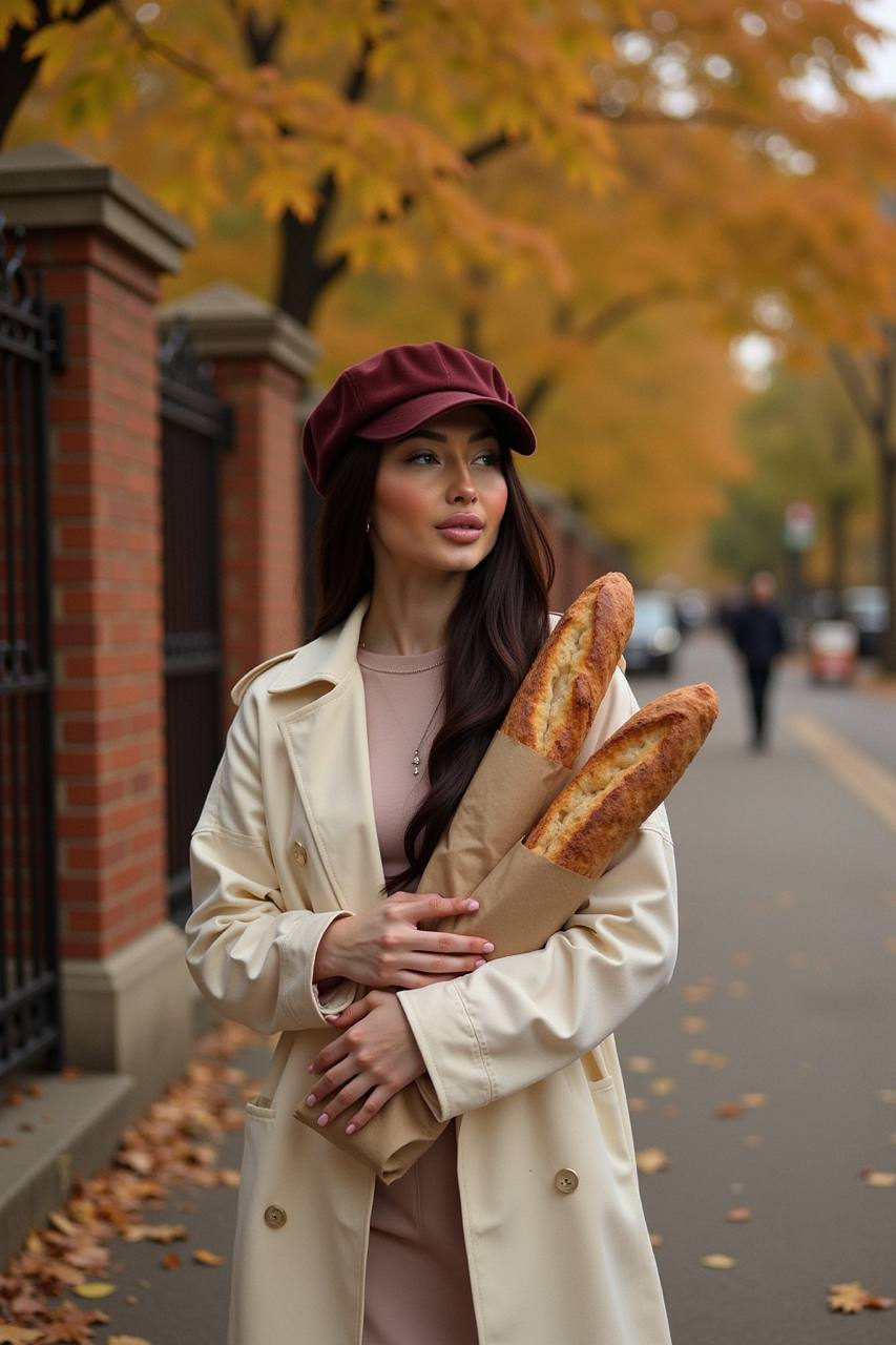 A stylish woman in a cream trench coat walks through an autumn street, holding two baguettes wrapped in kraft paper, framed by golden leaves.