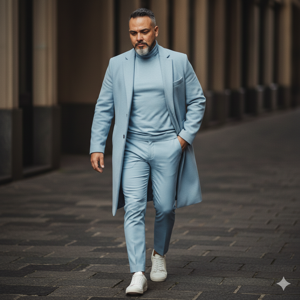 A confident man in a pastel blue coat walking on dark stone pavement with a calm expression.
