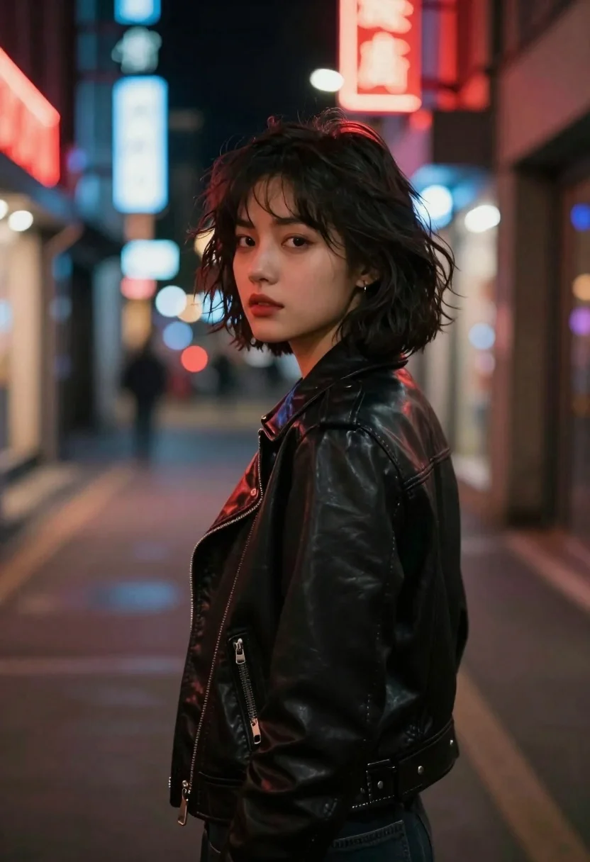 Young Woman With Short Dark Wavy Hair Stands Dimly Lit