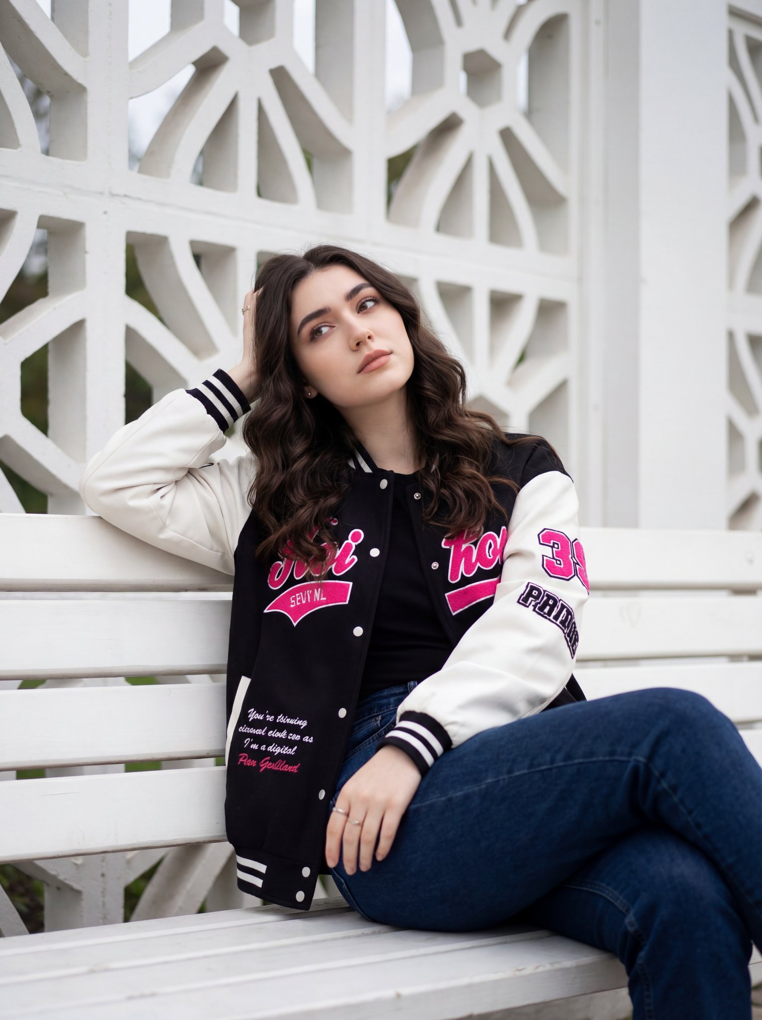 A young woman casually seated on a white wooden bench with a relaxed posture and thoughtful expression.