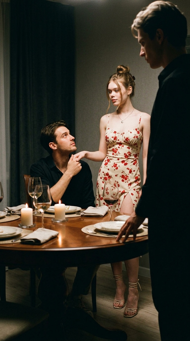A woman in a cream dress with red floral details stands near a dining table with a man holding her hand, surrounded by warm candlelight.