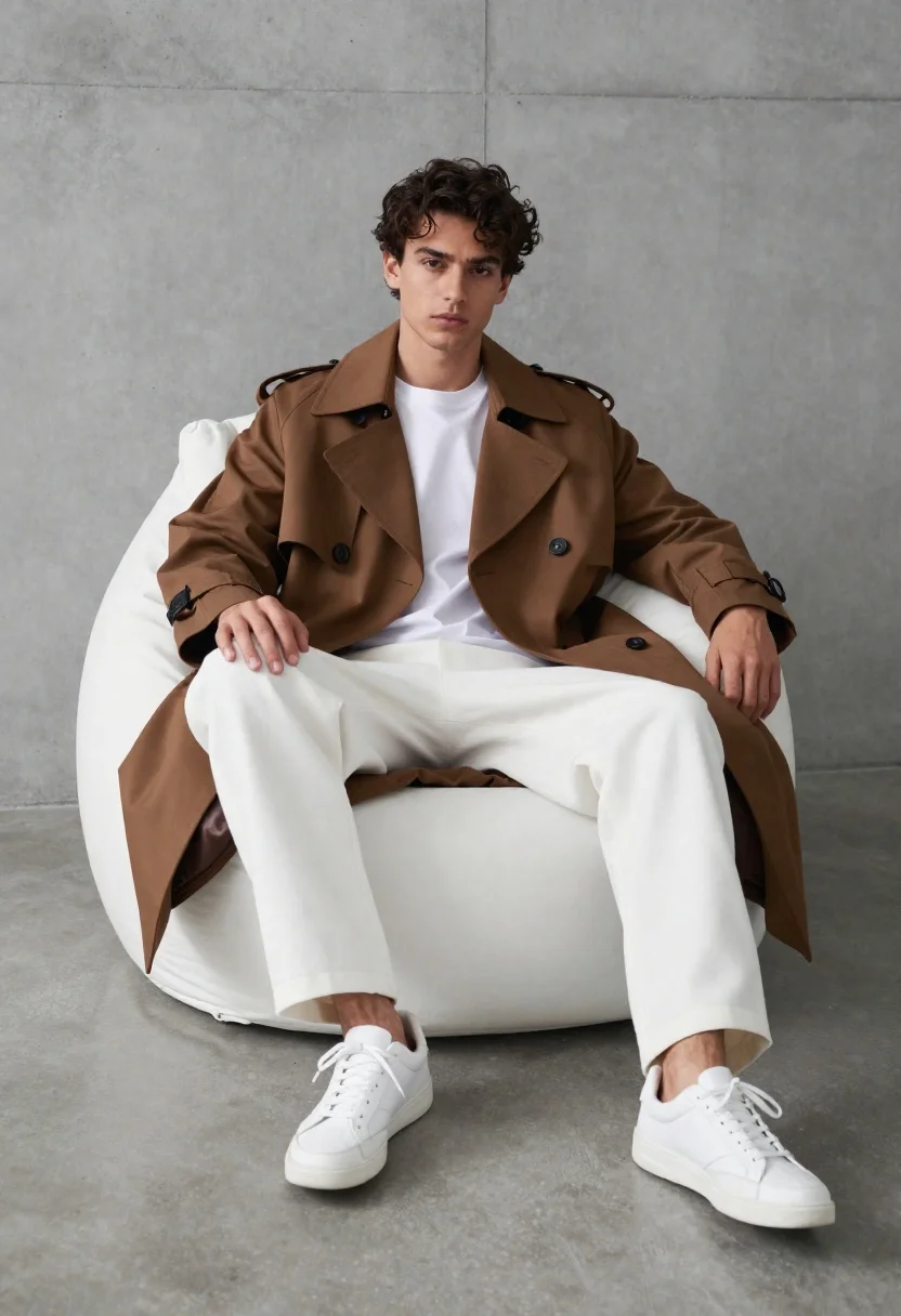 Young Man With Dark Wavy Hair Sits Confidently Large White