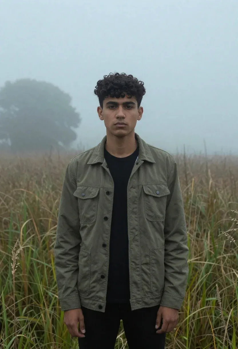 Young Man With Dark Curly Hair Stands Misty Field Tall