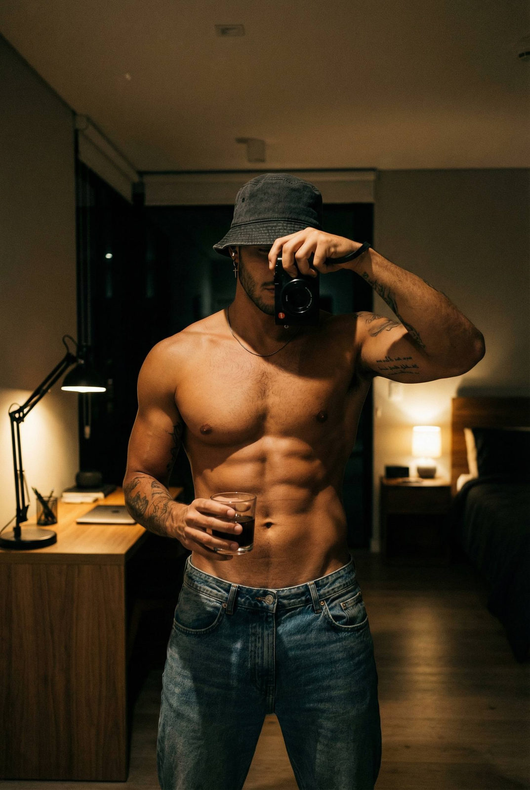 Shirtless Man Dim Apartment Night Mirror Selfie Vintage Jeans