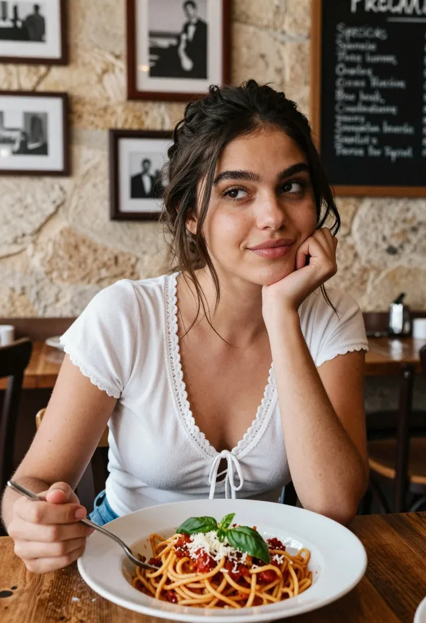 Young Woman With Dark Hair Pulled Back Sits Rustic Wooden