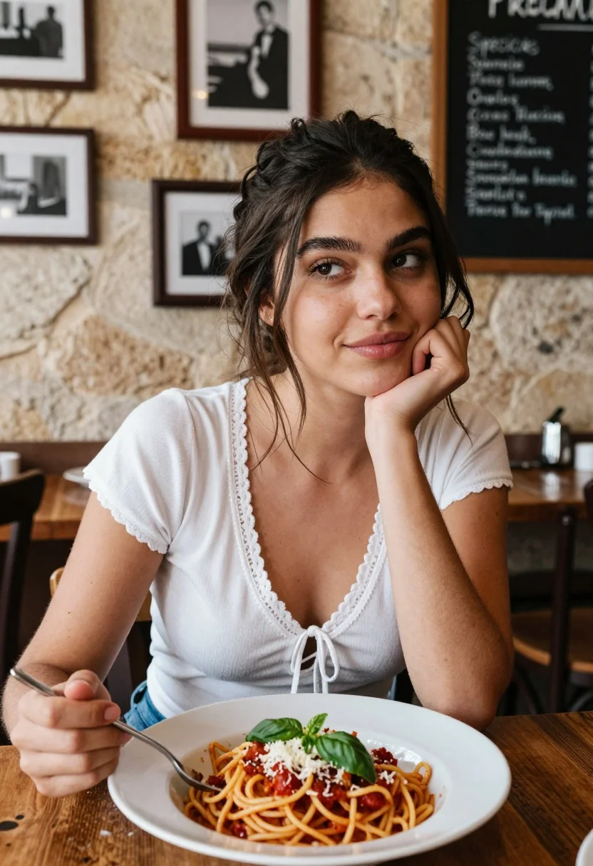 Young Woman With Dark Hair Pulled Back Sits Rustic Wooden