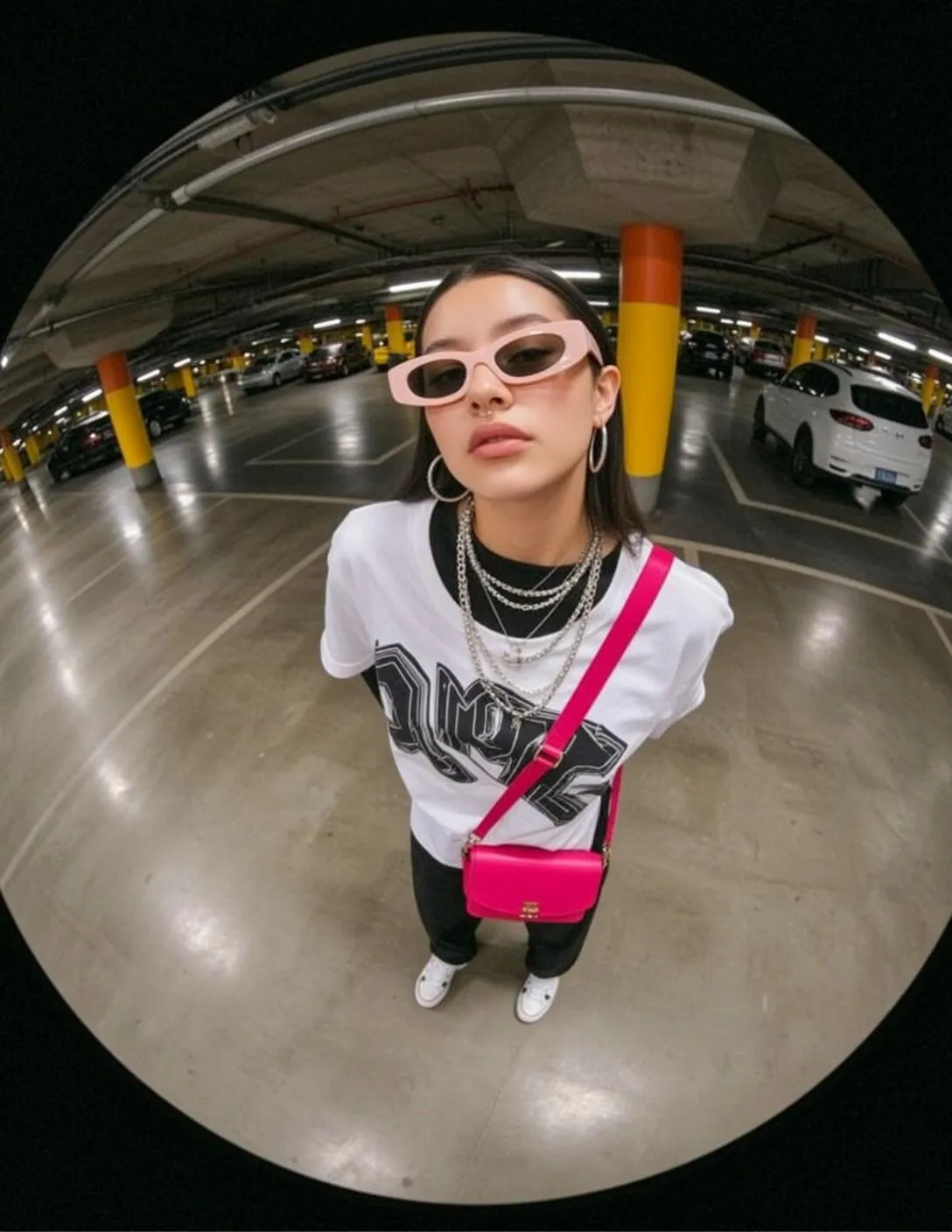 Sunglasses Piercings Earrings And Necklace In Fisheye Portrait