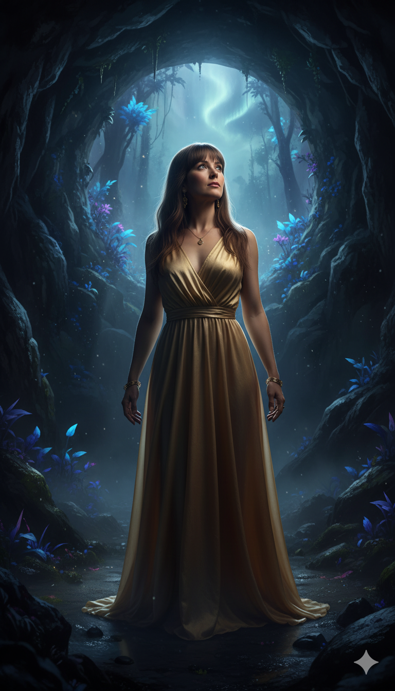 Woman In Golden Dress In Cave