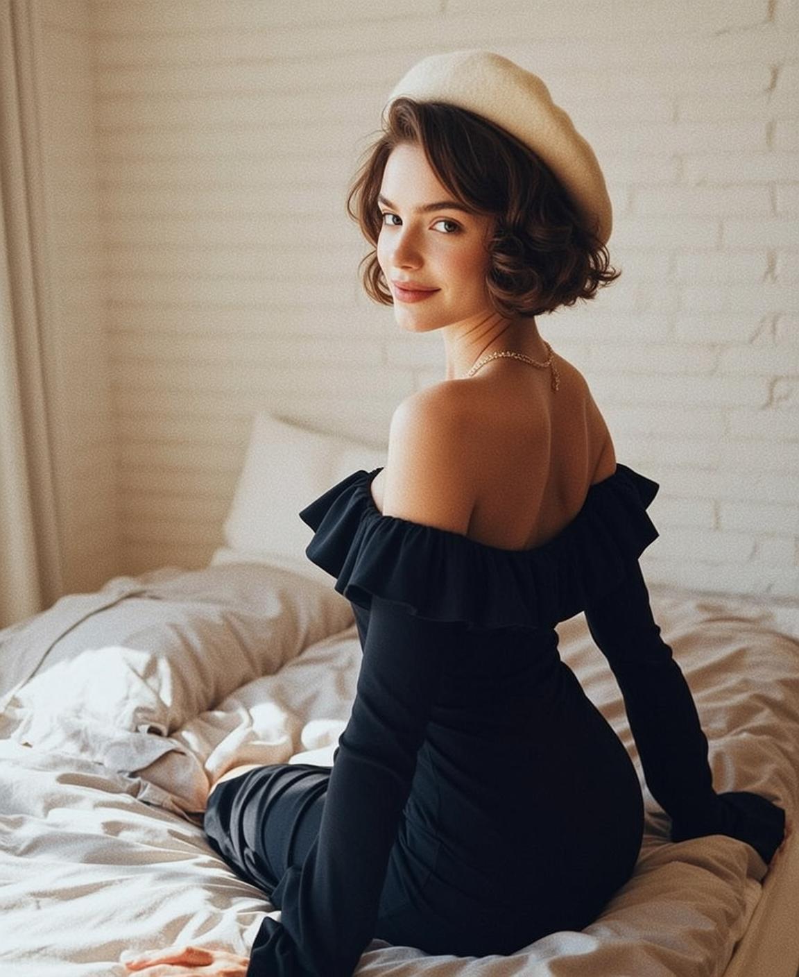 Black Ruffle Dress Bed Pose