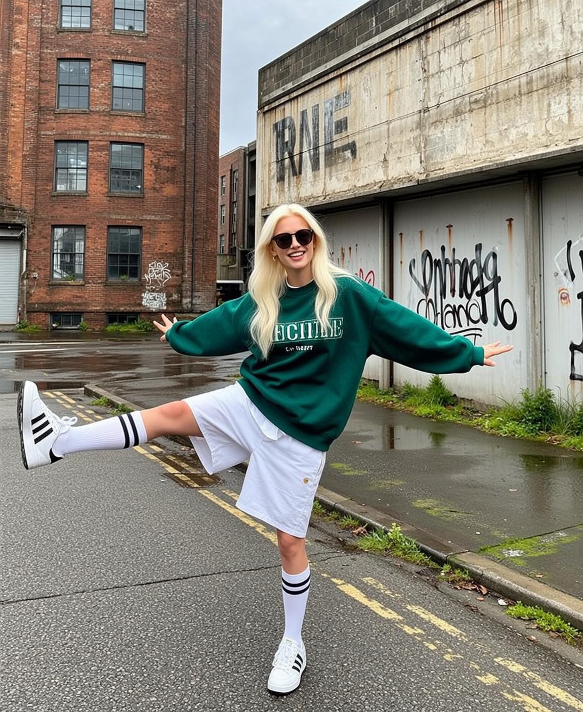 Casual Young Long Blonde Fair Green Crewneck
