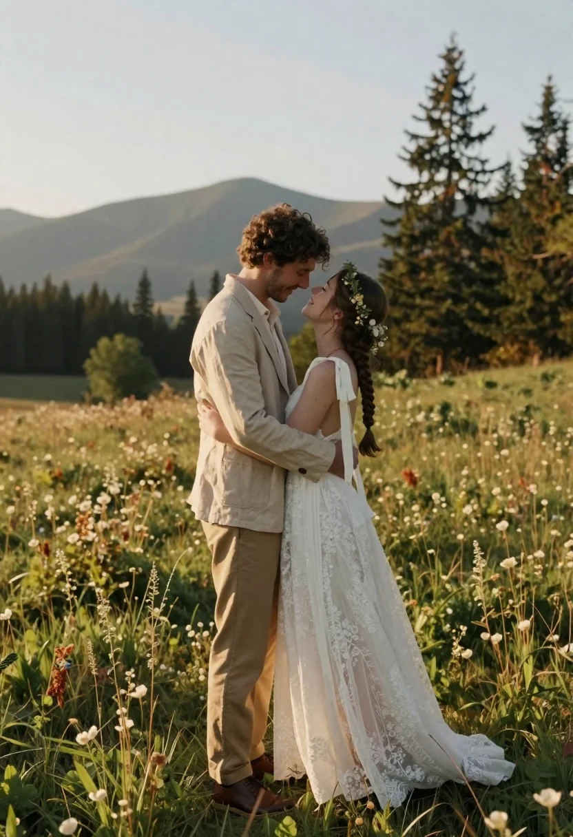 A romantic couple embracing in a sunlit meadow, warm sunlight highlighting their closeness against a picturesque mountain backdrop.