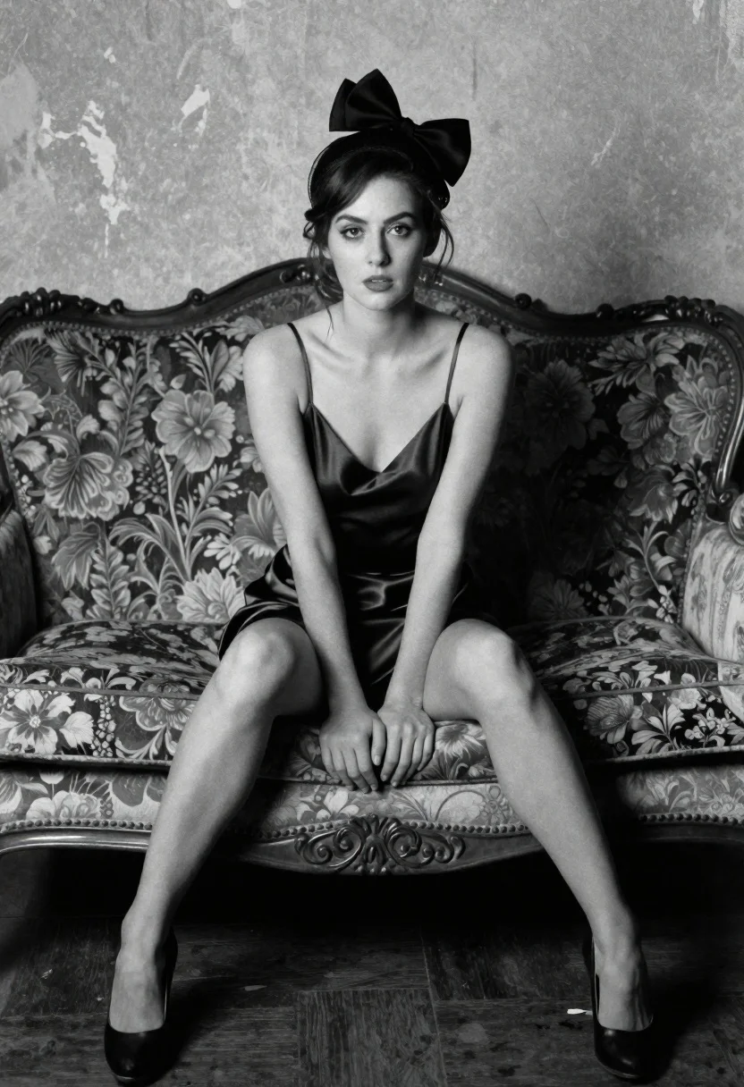 Woman Sits With Legs Spread Wide Ornate Vintage Sofa Black reference photo