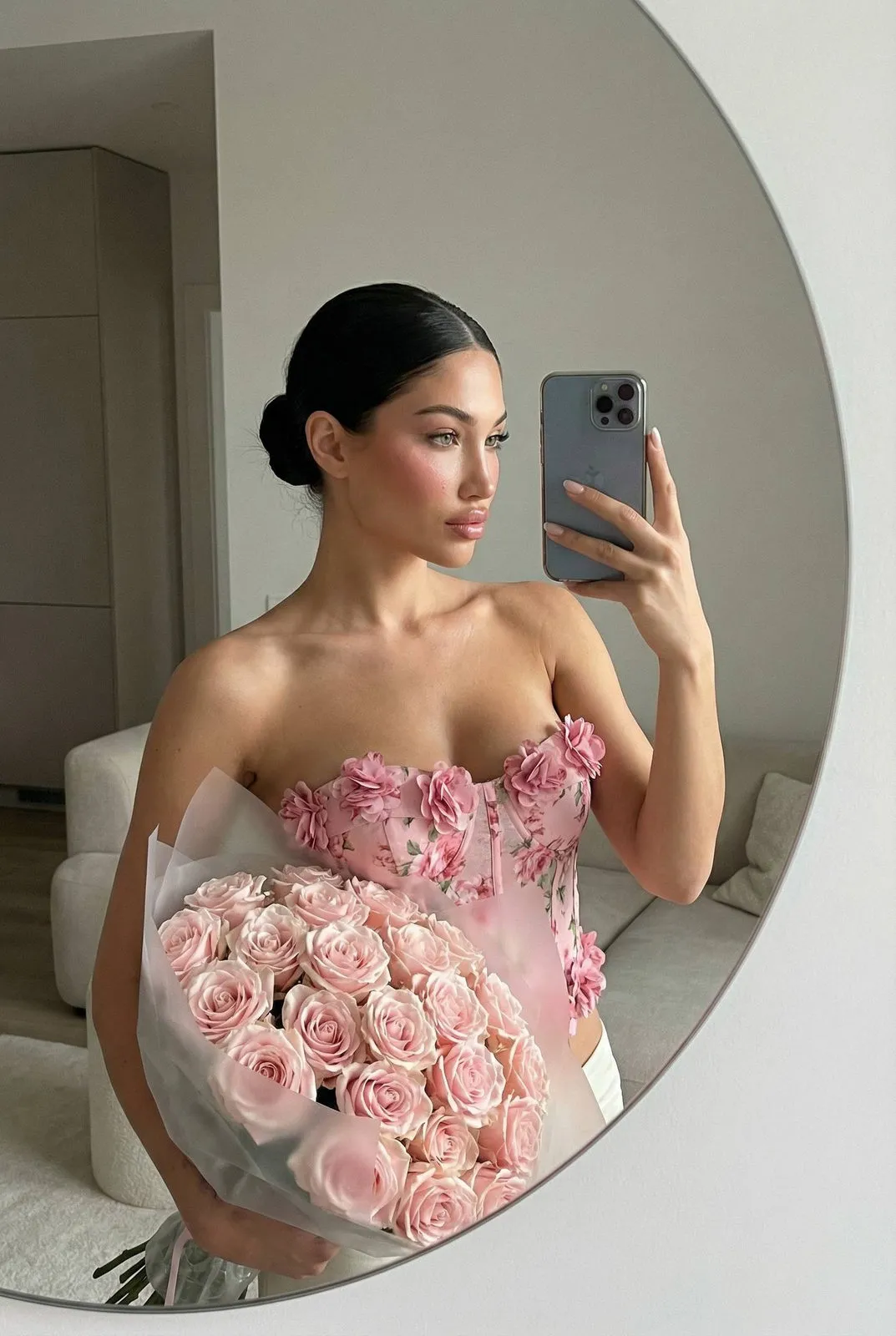 Woman Pastel Roses Mirror Selfie Realistic