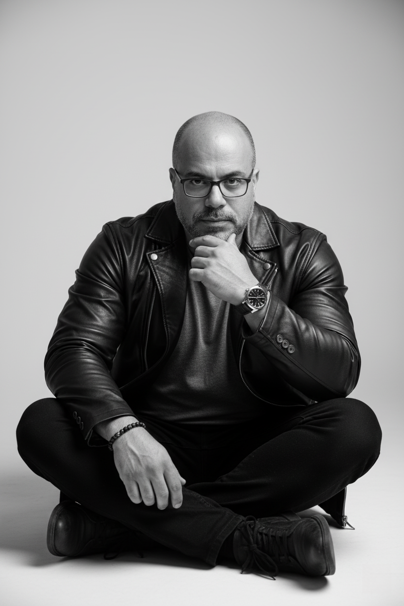 Thoughtful light-skinned male seated in a black leather jacket with a gray tee shirt against a simple studio backdrop.
