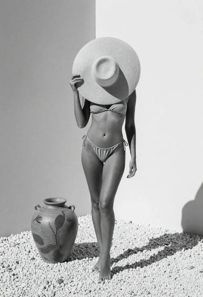 Black And White Studio Photograph Woman Standing Pebbled Ground Next