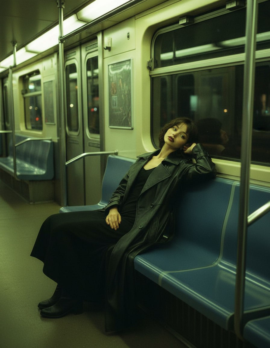 A woman in a long leather trench coat reclines on a blue subway seat, illuminated by warm neon light, reflecting in the window.