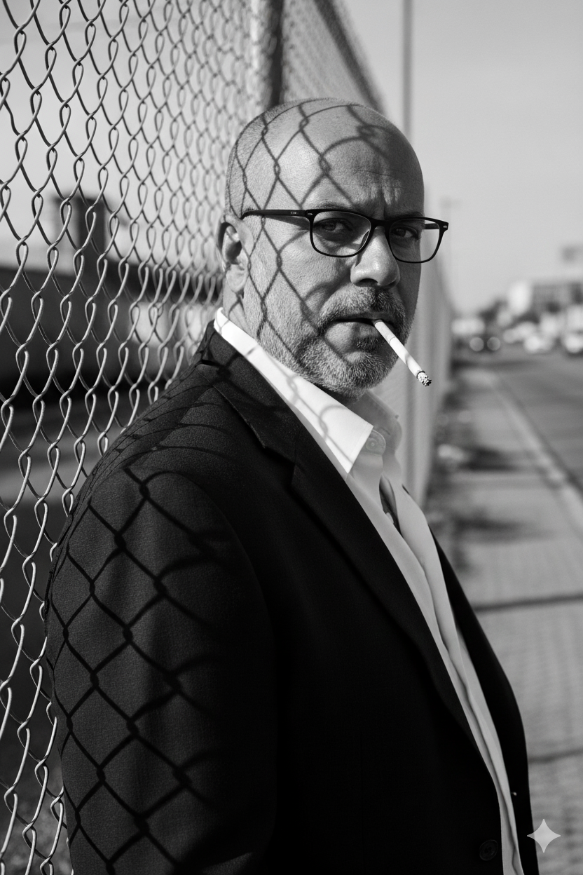 A striking black and white portrait of an edgy bald man in his 50s, leaning against a chain-link fence with a confident gaze and a cigarette.