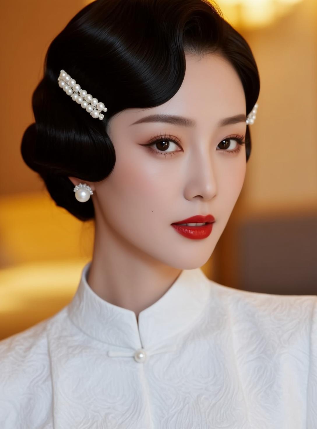 East Asian Woman Finger Wave Hair Pearl Earrings Studio