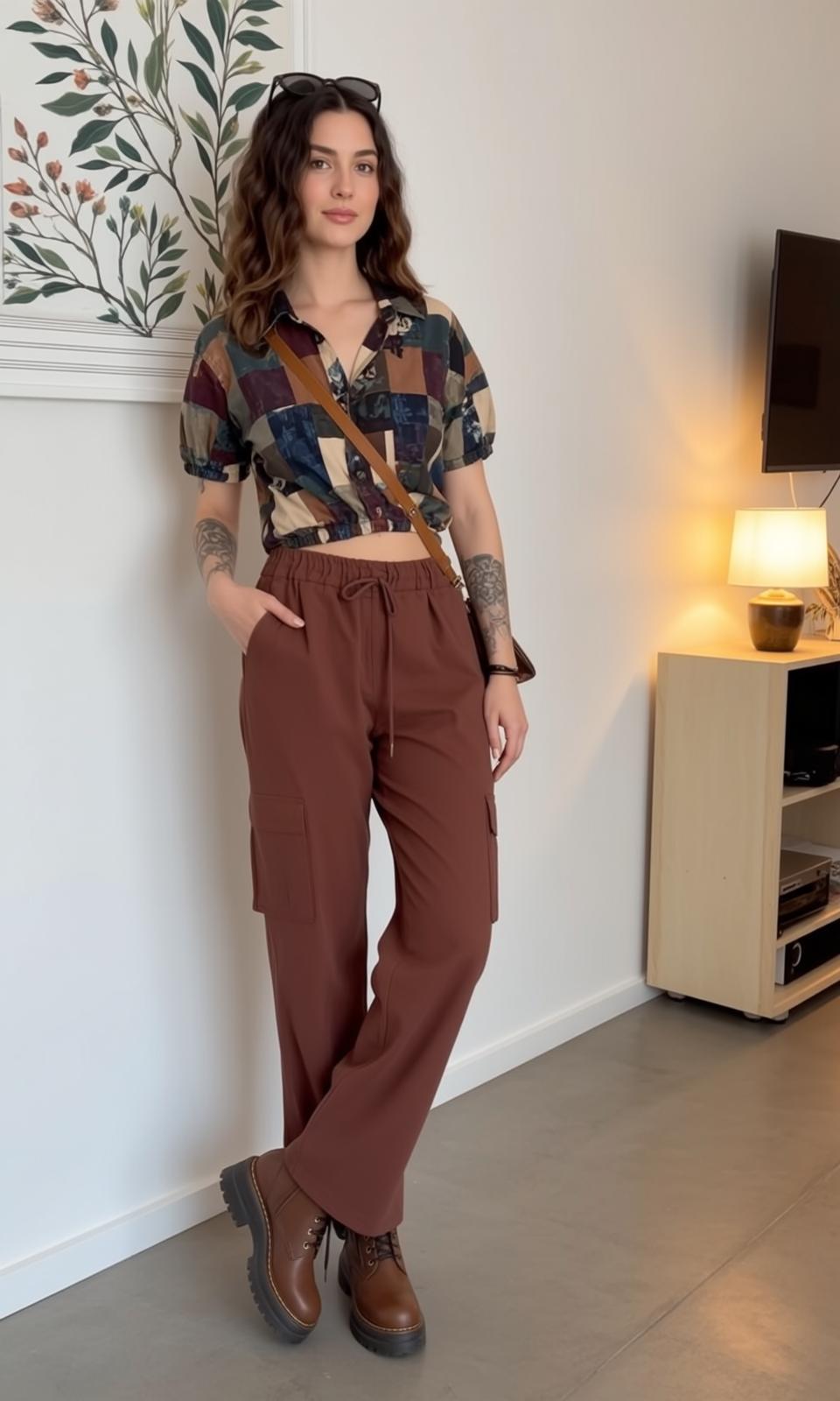 Patchwork Shirt and Brown Cargo Pants
