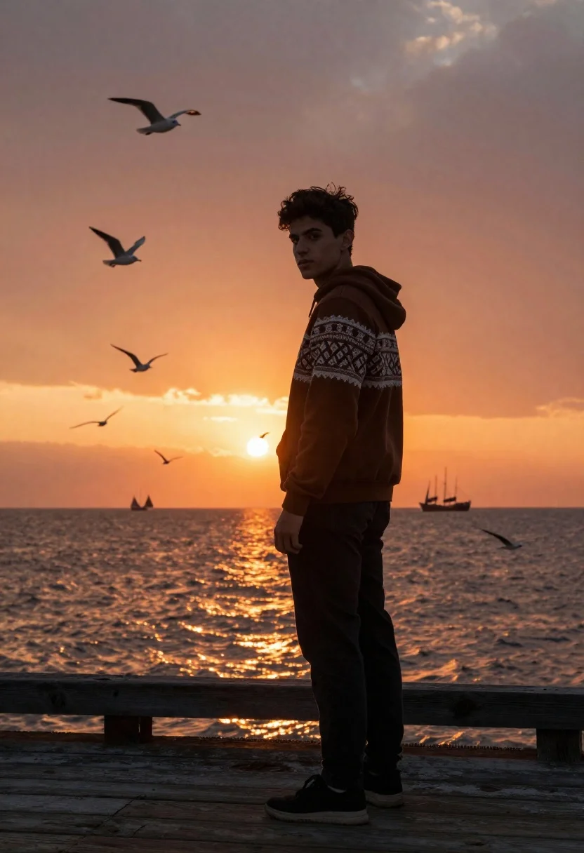 Young Man Stands Profile Weathered Wooden Pier Looking Back Over