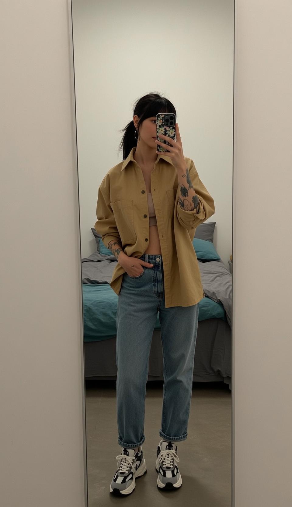 Tan Shirt and Cuffed Jeans Bedroom