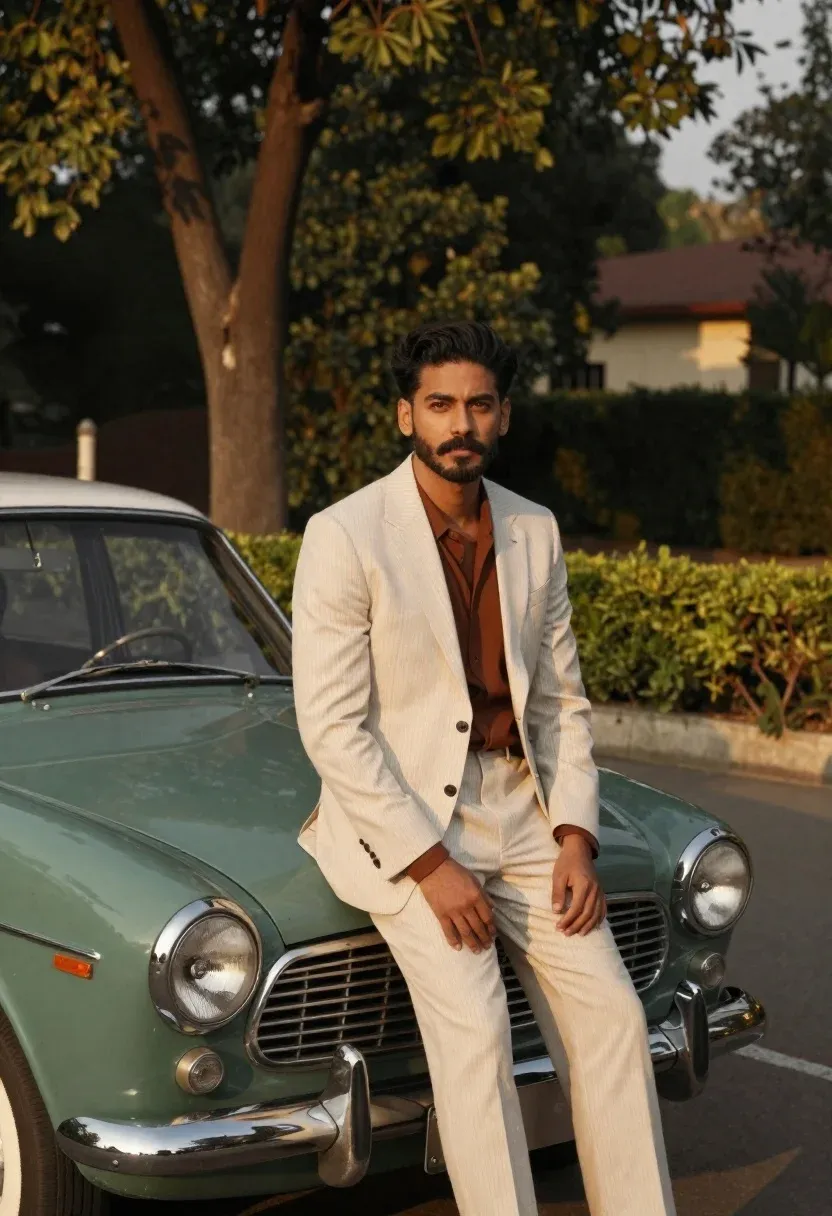 Man Cream Pinstripe Suit Sitting The Hood Vintage Green Sedan