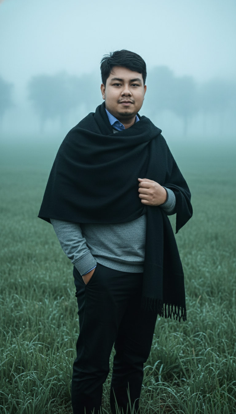 A young man wearing a black shawl over a light grey sweater, standing confidently in a foggy grassy field, captured from a low angle.