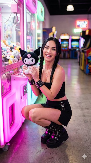 A smiling girl with pigtails holds a Kuromi plushie in a neon arcade.