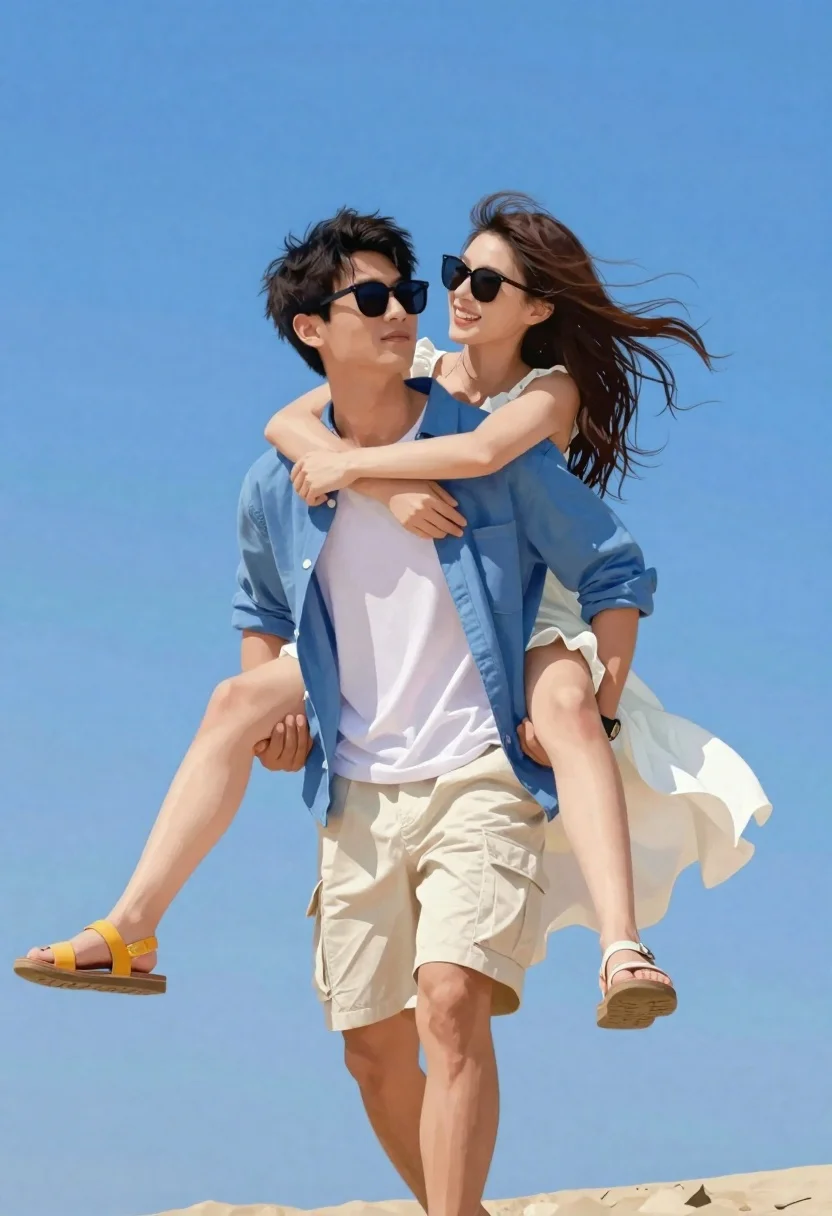 Photograph Young Couple Sunny Beach Subject Man With Short Dark reference photo