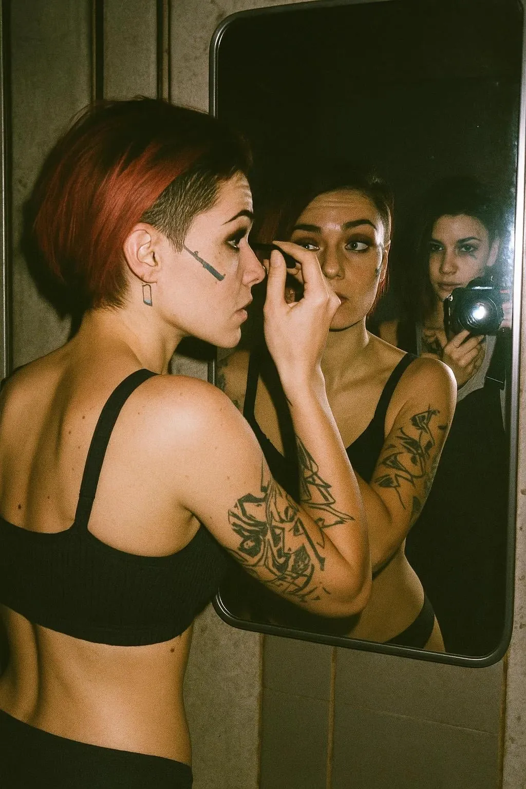 Profile Applying Eyeliner Black Sports Bra Mirror Reflection