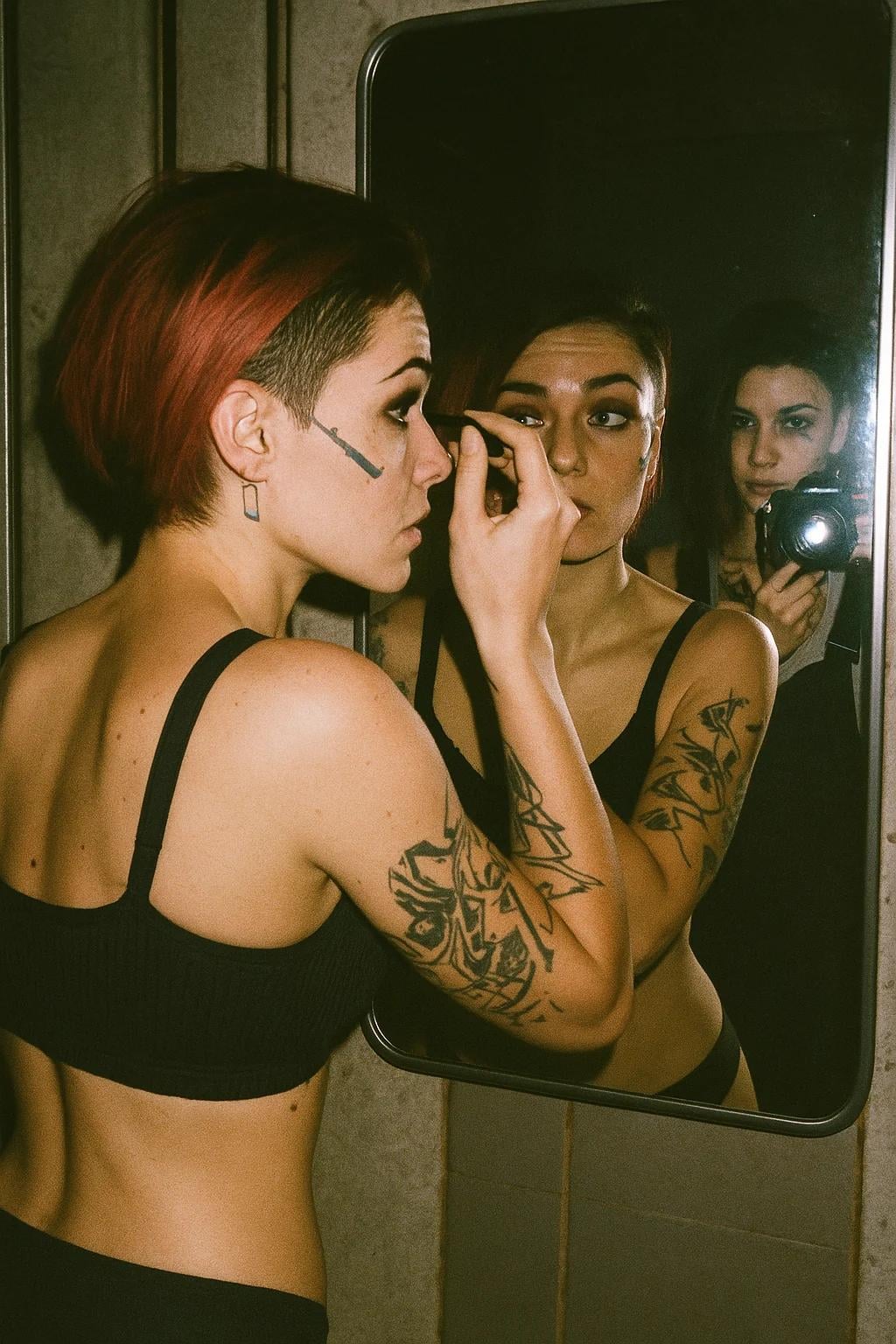Profile Applying Eyeliner Black Sports Bra Mirror Reflection
