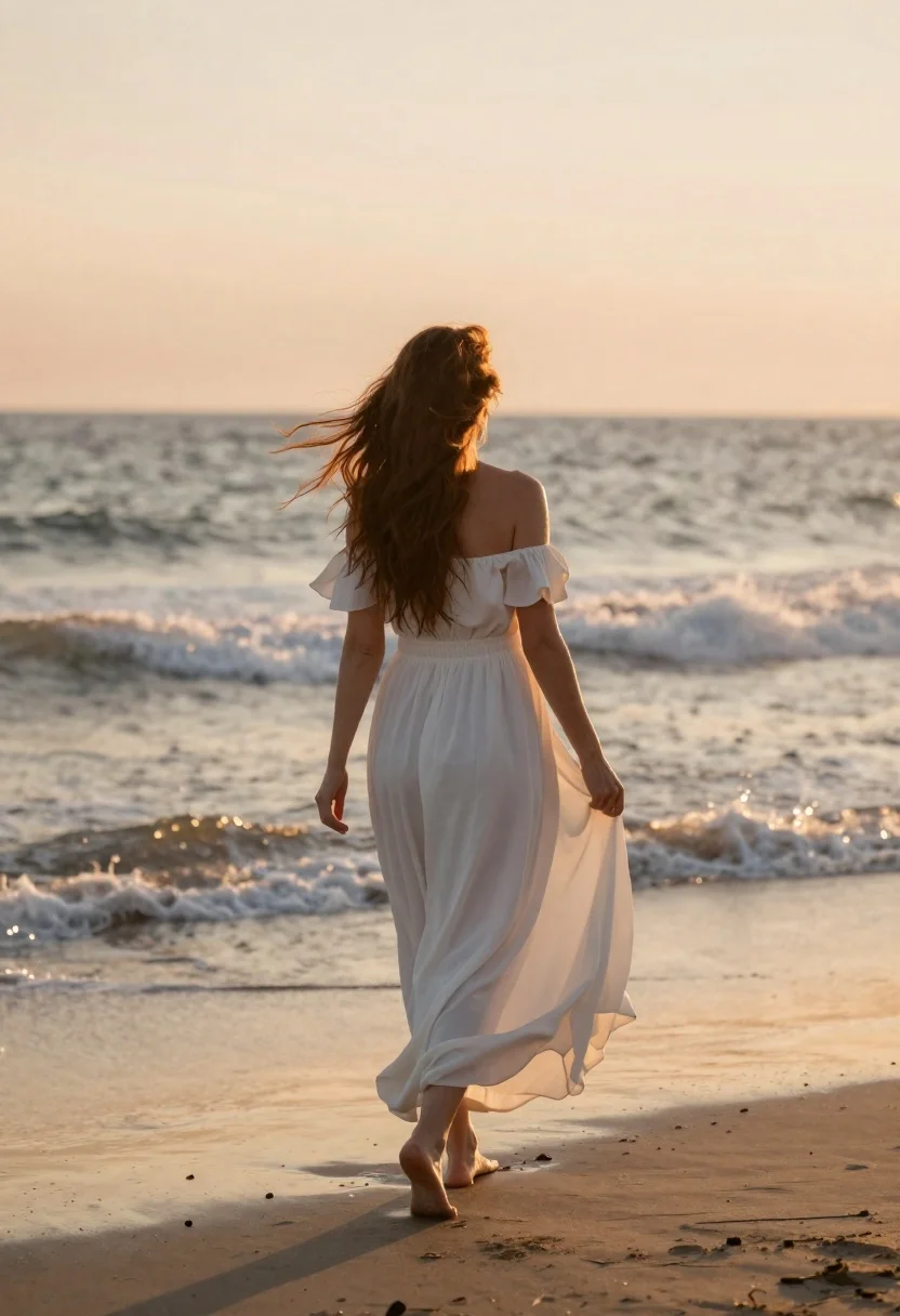 Back View Woman Flowing White Dress Walking Along The Shoreline reference photo