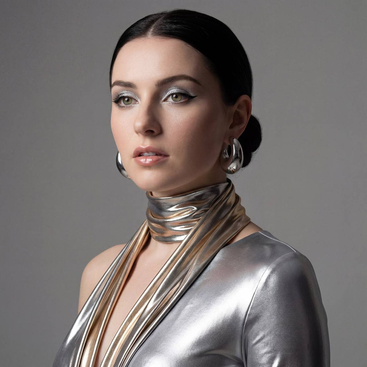 A photorealistic futuristic portrait with silver earrings, sleek bun, and a shimmering fabric that wraps around the neck.