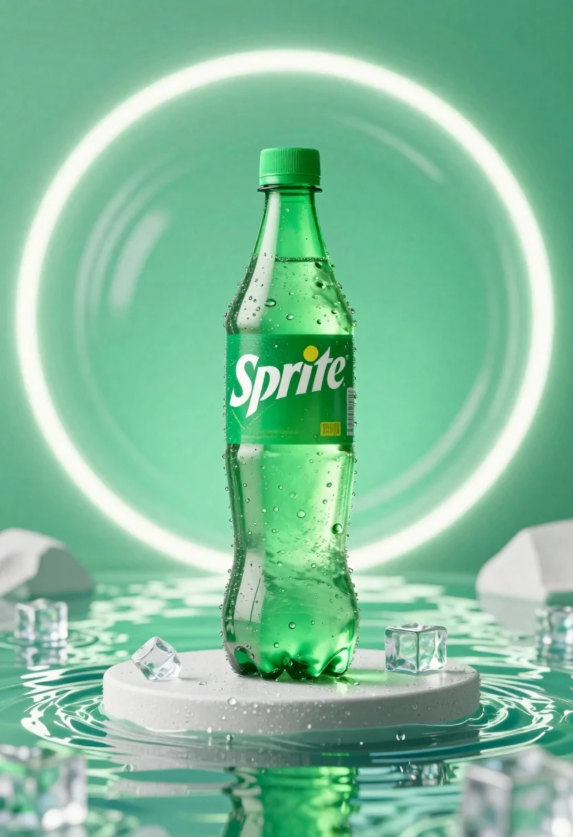 Refreshing Green Sprite Bottle Stands Upright Circular Pedestal Surrounded Rippling