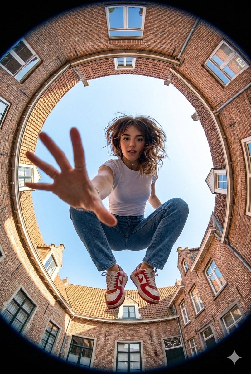 Crouching Mid Air Between Brick Buildings Fisheye Perspective