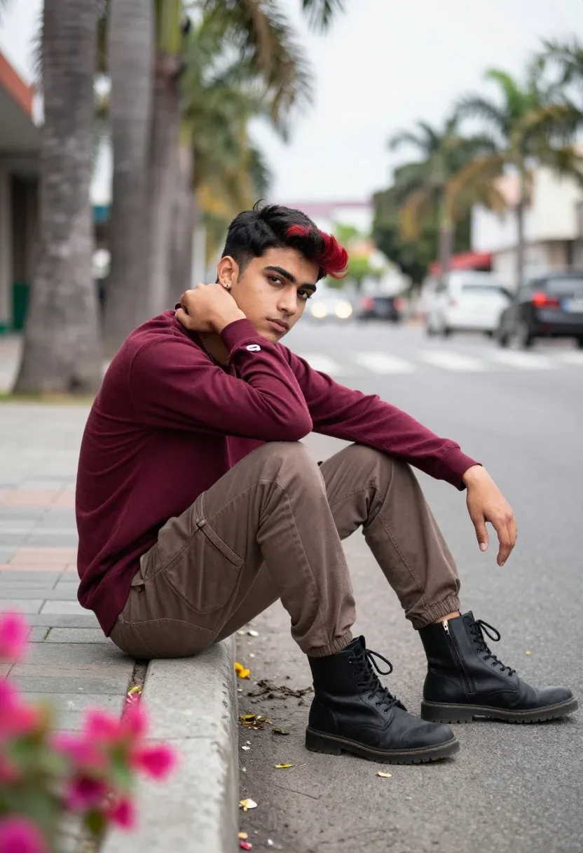 Young Man Sits Casually Curb Urban Outdoor Setting Subject Young
