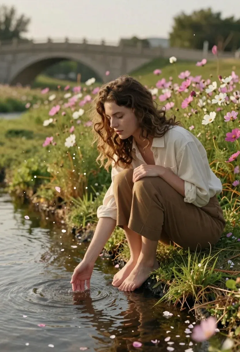 Young Woman With Wavy Brown Hair Sits Barefoot Grassy Bank