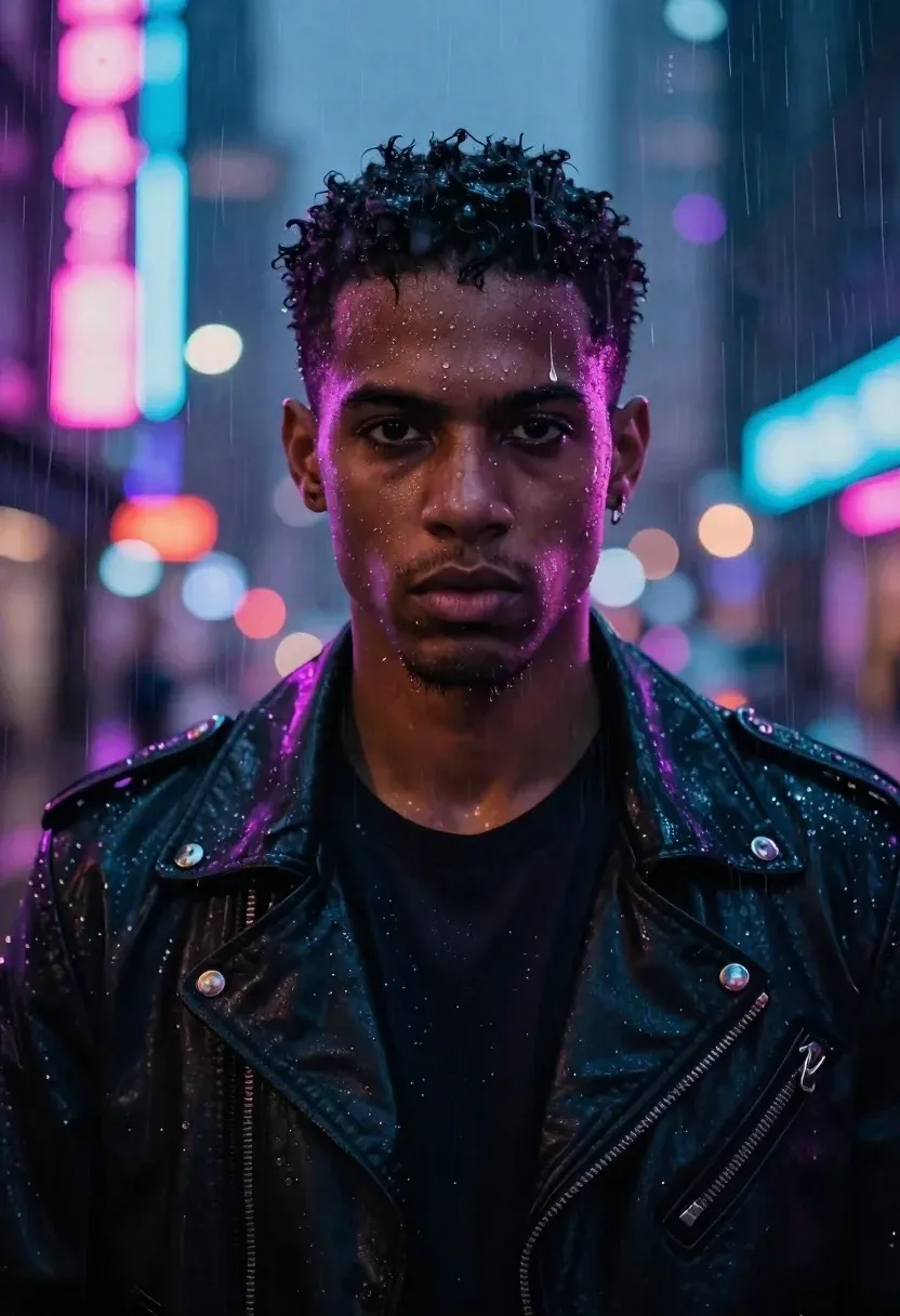 Cinematic Close-up Portrait Man Standing Heavy Rain Under Vibrant Neon