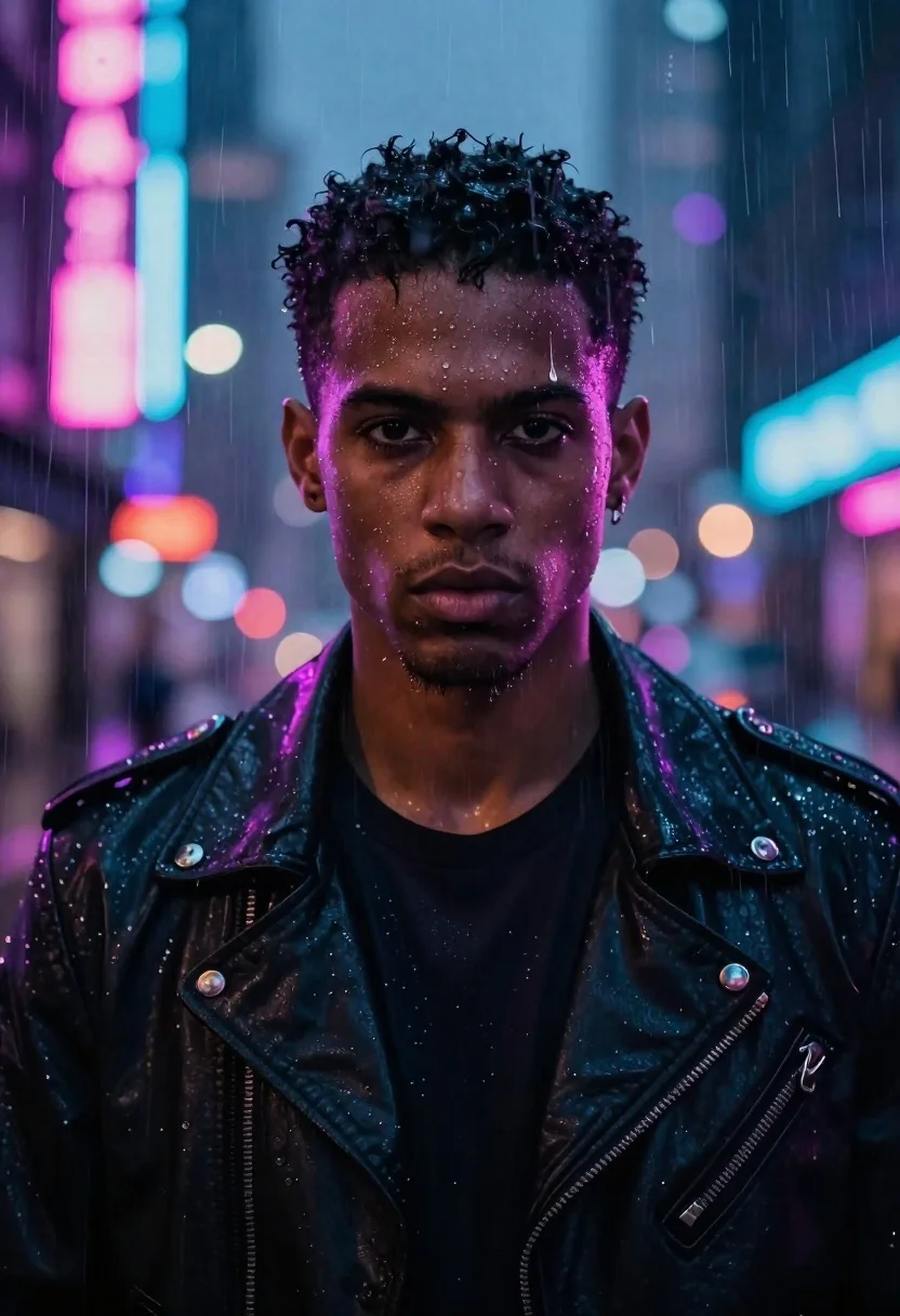 Cinematic Close-up Portrait Man Standing Heavy Rain Under Vibrant Neon reference photo