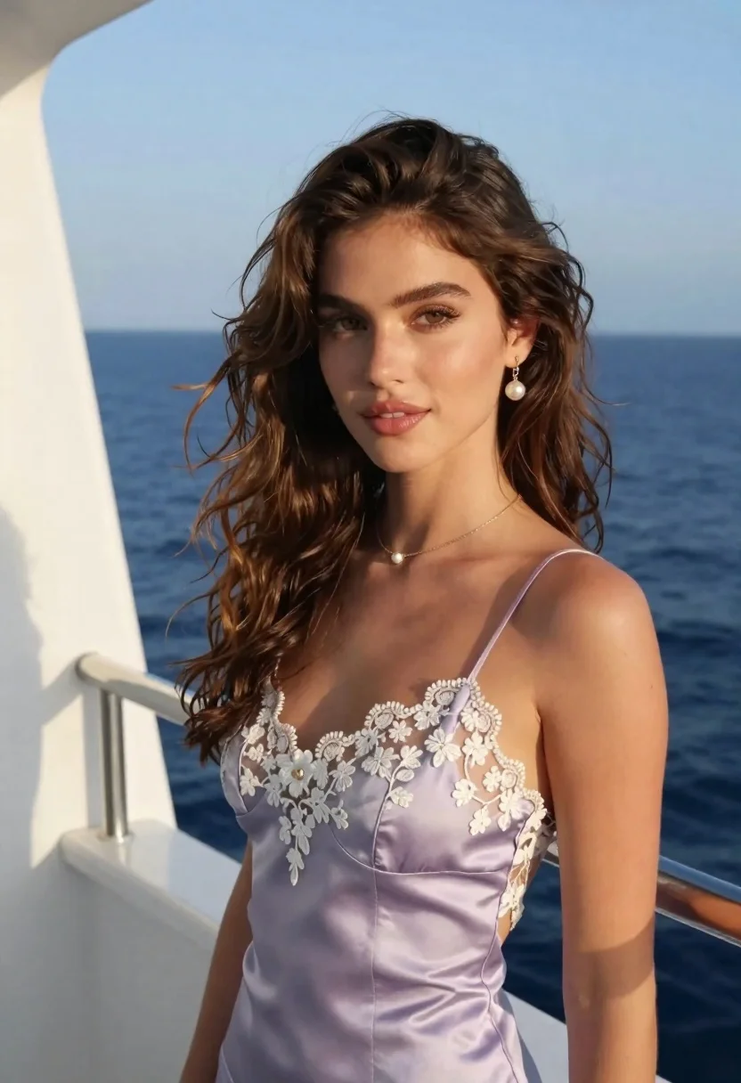 Confident Young Woman With Long Wavy Brown Hair Stands Boat