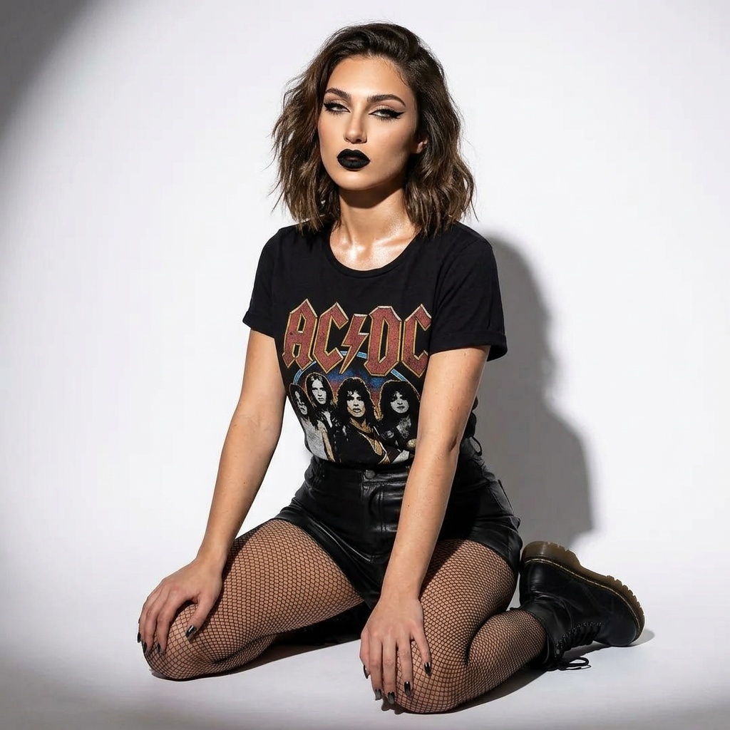 A rock-style girl in black leather shorts and fishnets poses confidently on a white cyclorama, showcasing bold makeup and stylish attire.