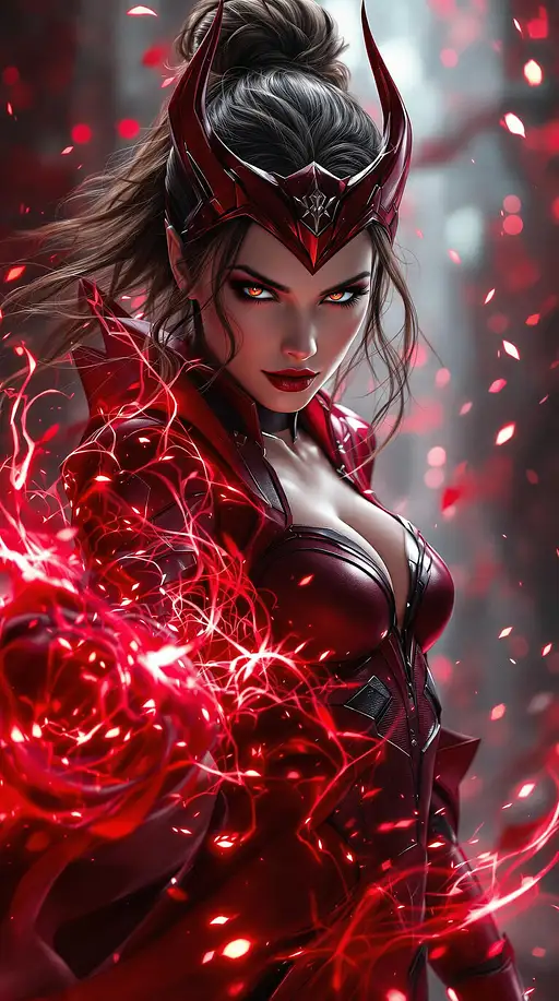 A hyper-realistic depiction of the Scarlet Witch in striking red and black attire, showcasing her magical intensity.