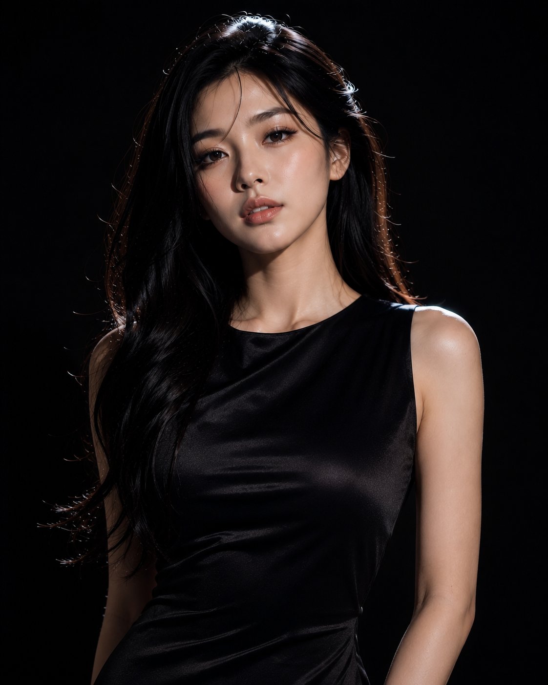 A beautiful young Korean woman in a sleek black satin mini dress, confidently posing in a dark studio with soft spotlight.