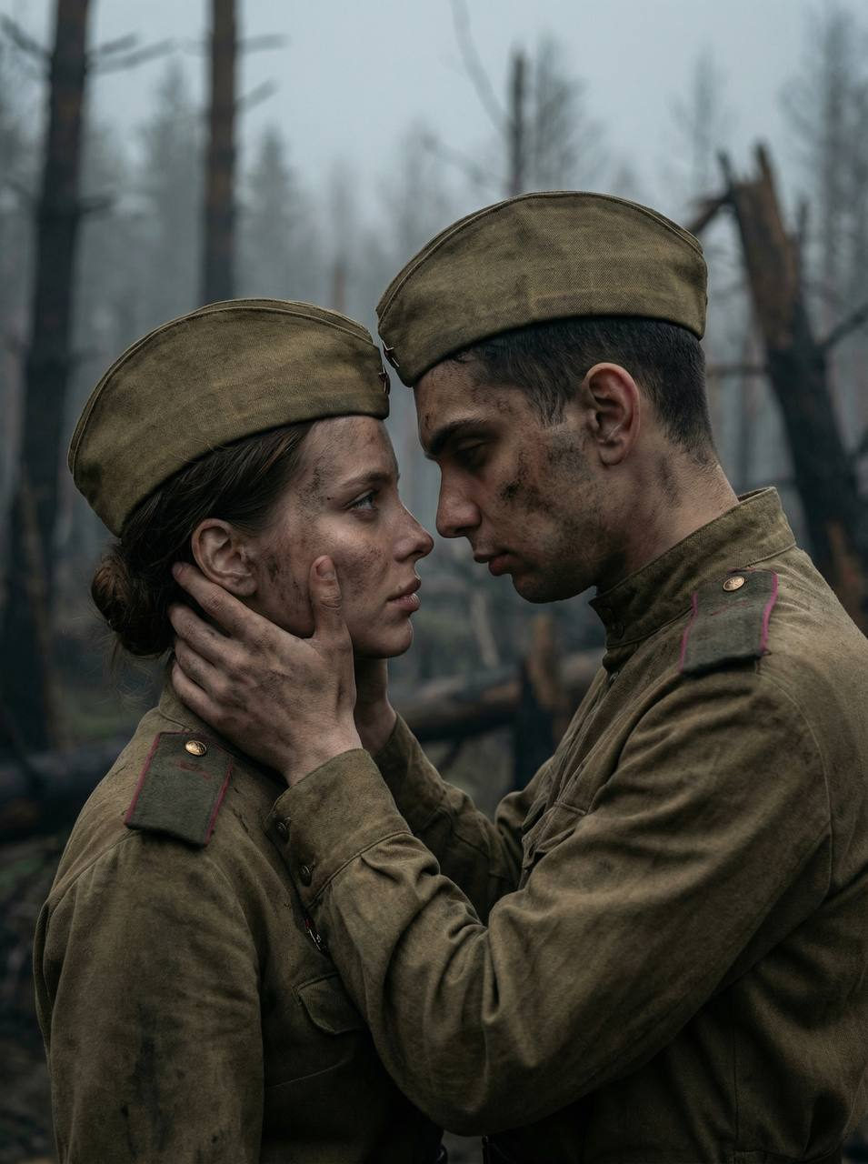 A couple in WWII military attire stands closely together in a foggy forest, showing deep emotional connection.