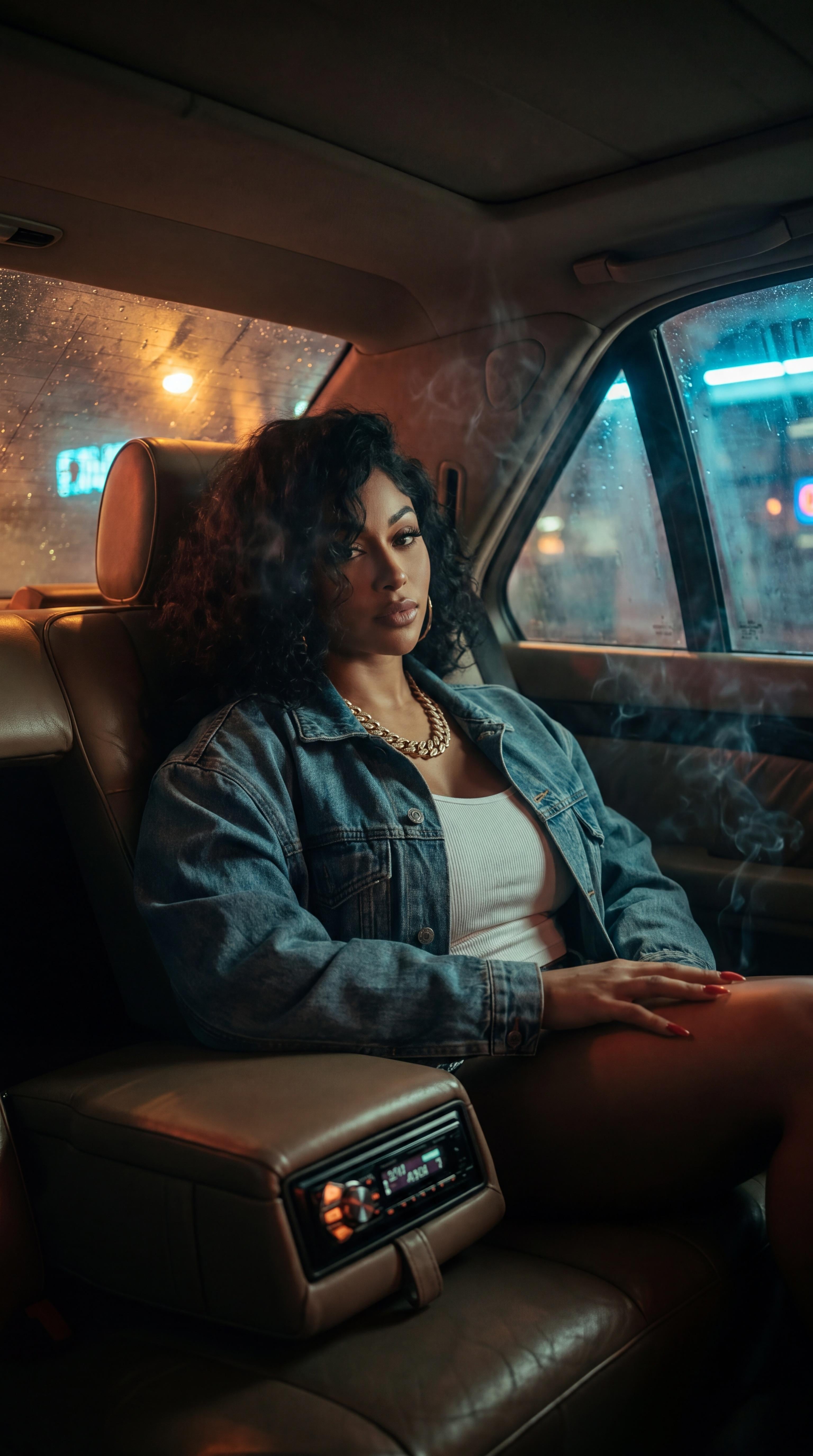 Luxury Car Backseat At Night Rainy City Lights