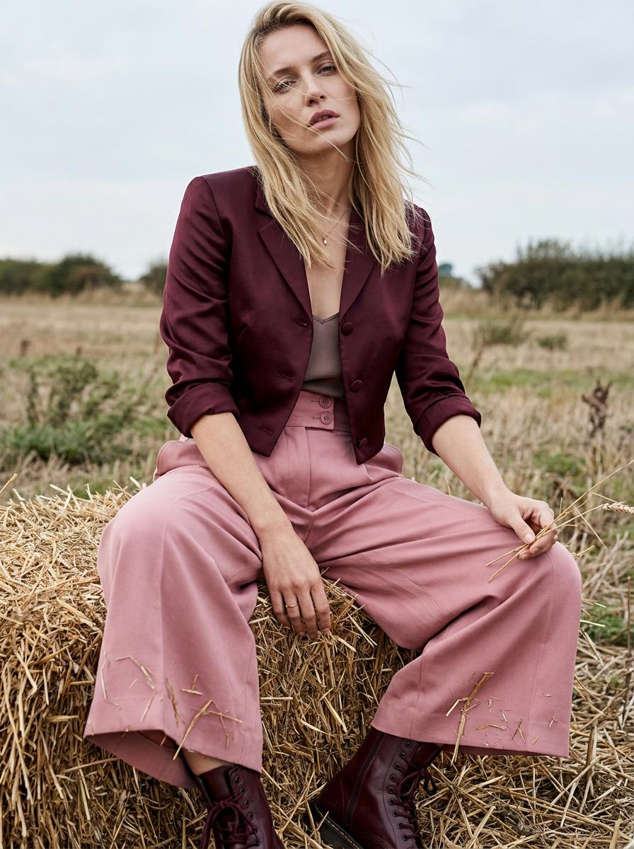 Rural Fashion Portrait Seated On Straw Bales